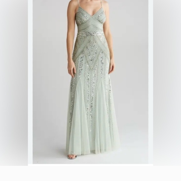 MARINA Dresses & Skirts - MARINA Sage Green Beaded Spaghetti-Strap Maxi Gown